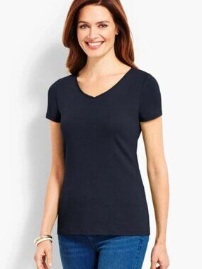 NWT Talbots Women's Pima Cotton V-Neck Short Sleeve Tee Navy Size Petite P